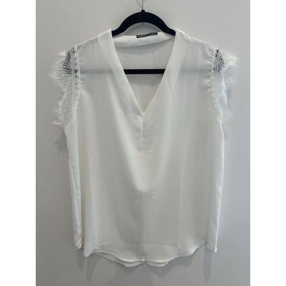 SHEIN Womens White V-Neck Sleeveless Blouse Lace Trim Shoulder Size XL NWOT
